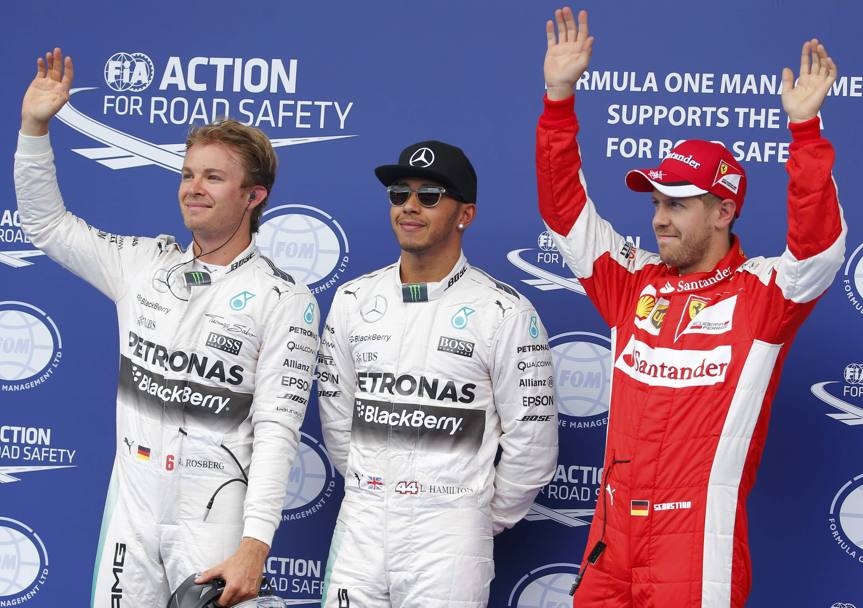 I primi tre della qualifica in Austria: Rosberg (2.), Hamilton (pole), Vettel (3.). Reuters
